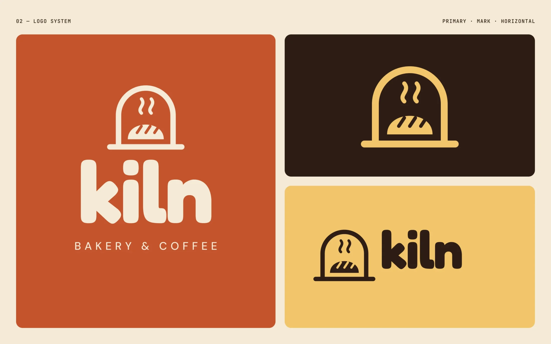Kiln — Logo system — primary, mark and horizontal lockups