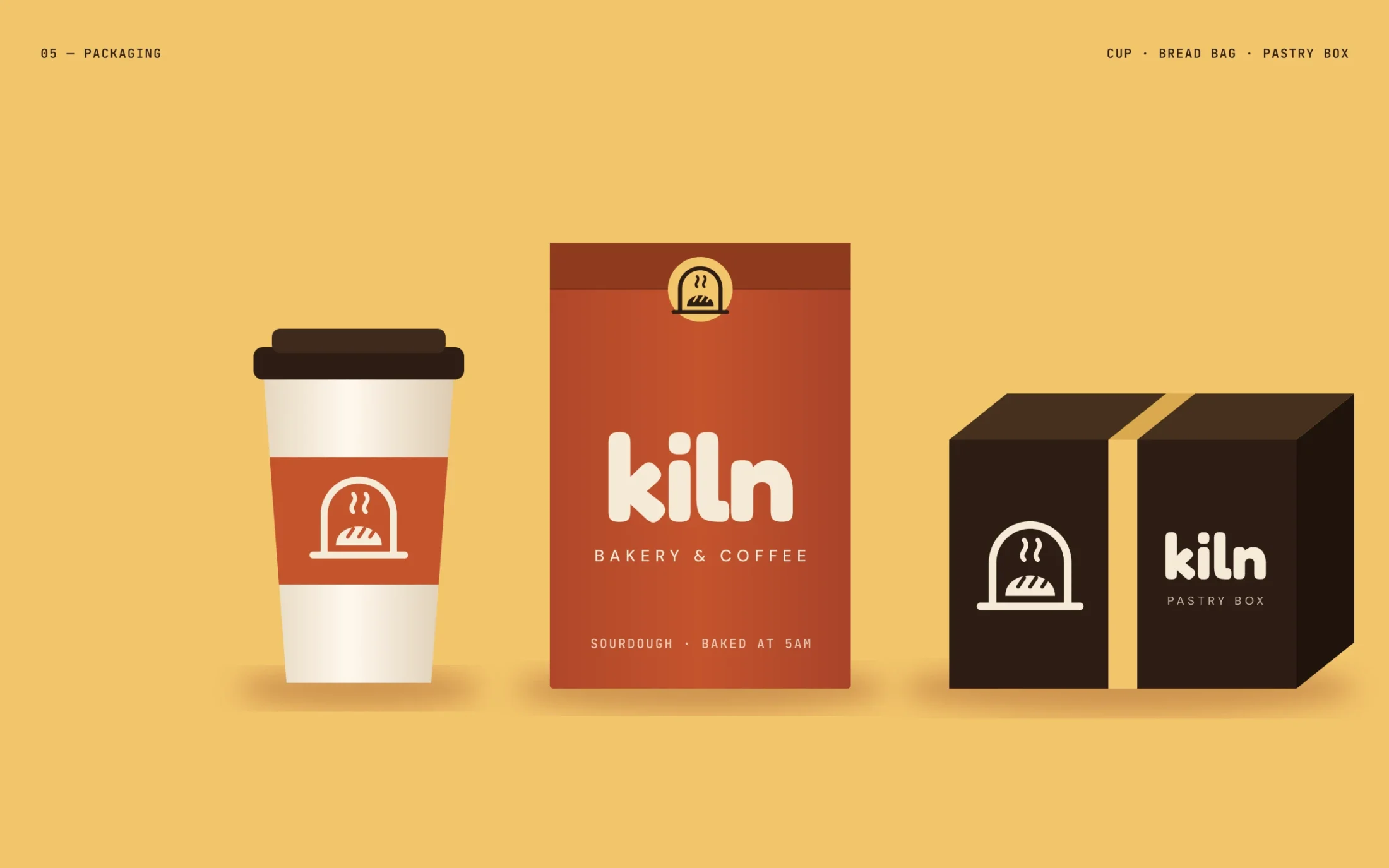 Kiln — Packaging — takeaway cup, bread bag and pastry box
