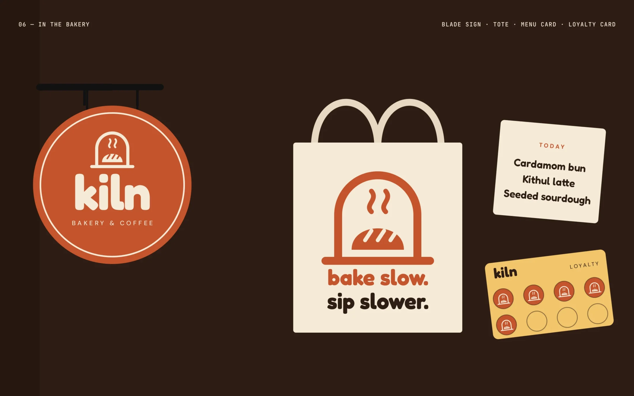 Kiln — In the bakery — blade sign, tote, menu card and loyalty card
