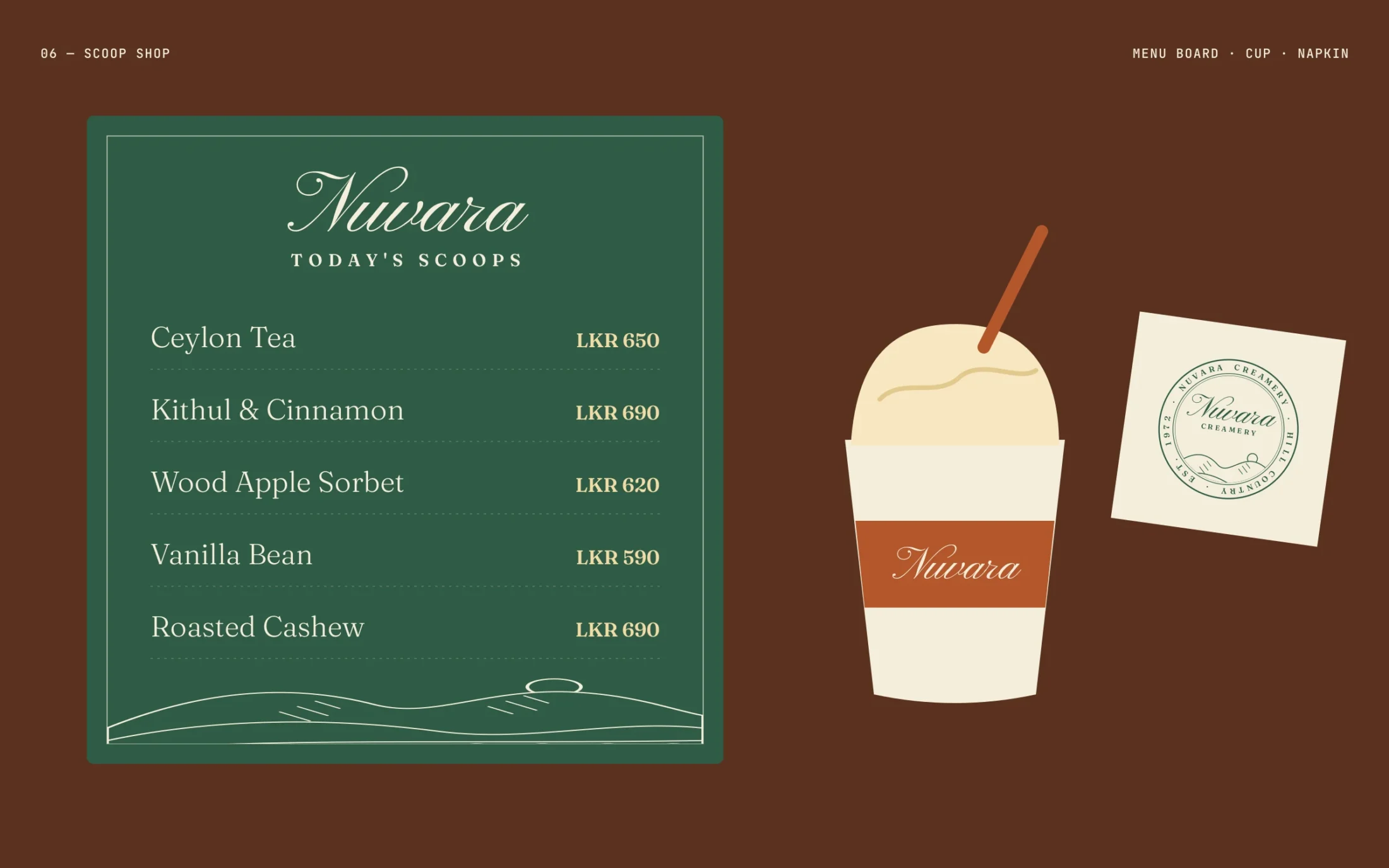 Nuvara Creamery — Scoop shop — menu board, cup and napkin