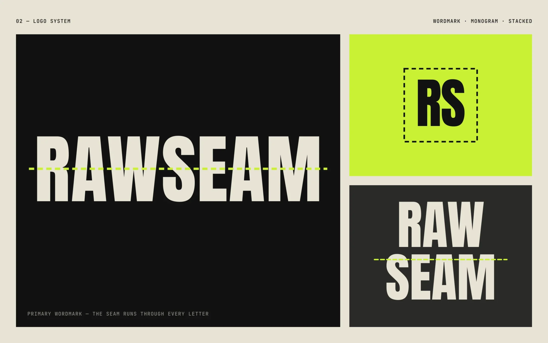 Rawseam — Logo system — wordmark, monogram and stacked lockup