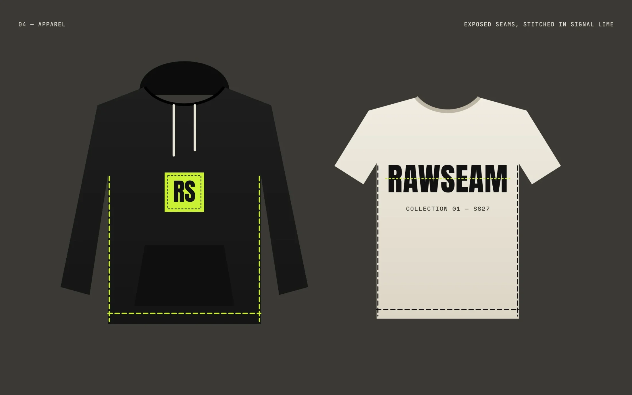 Rawseam — Apparel — exposed seams stitched in signal lime