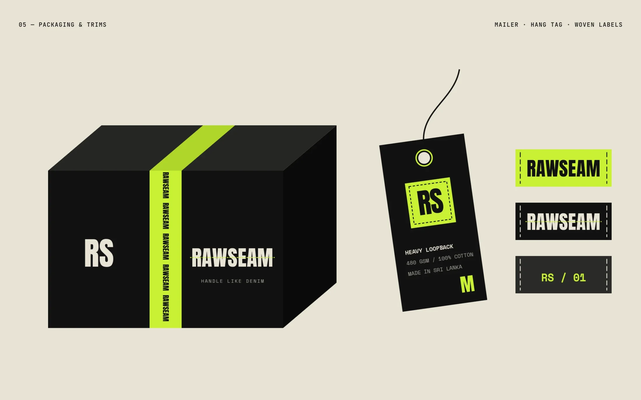 Rawseam — Packaging and trims — mailer box, hang tag and woven labels