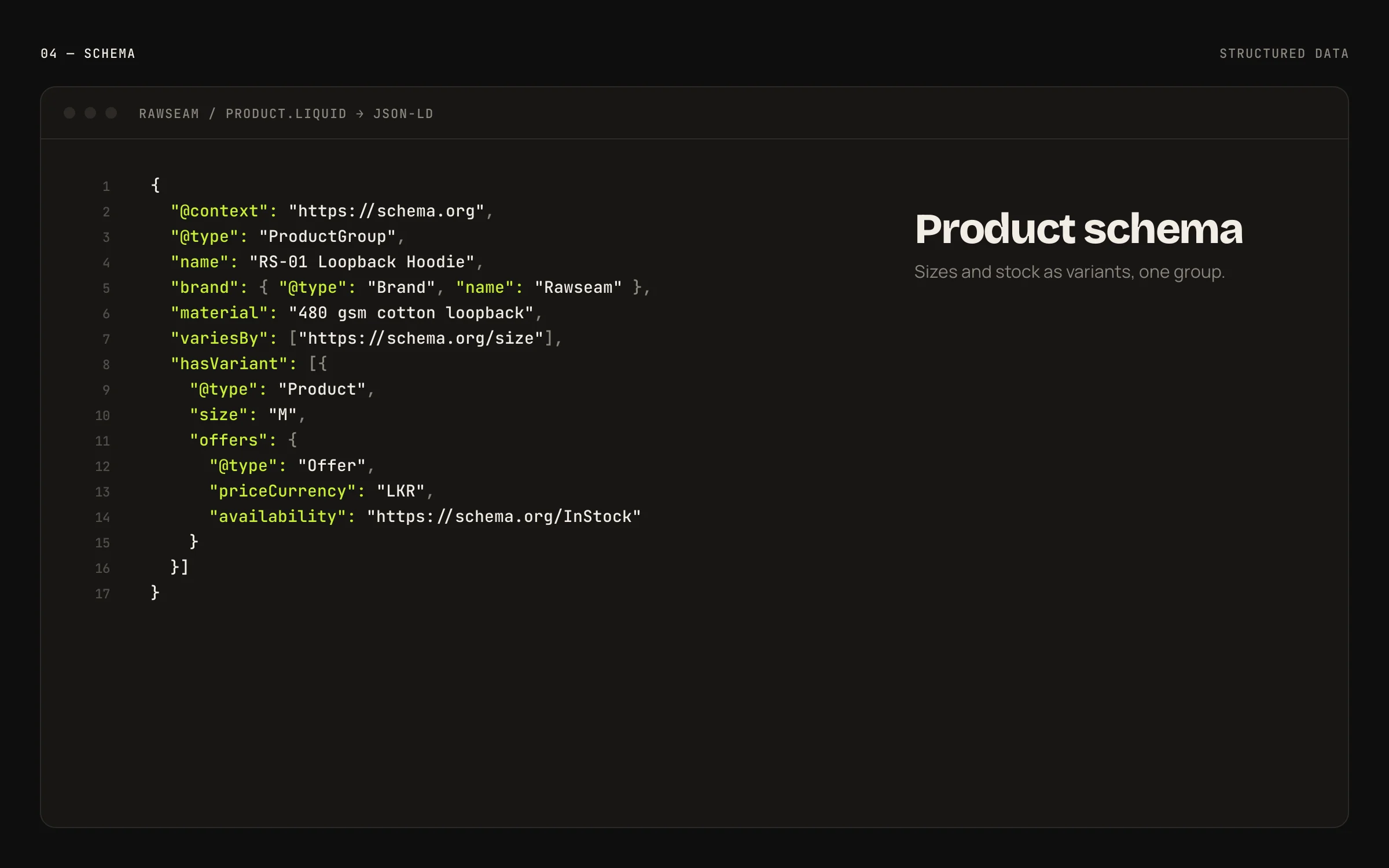 Rawseam Technical SEO — ProductGroup schema for sizes