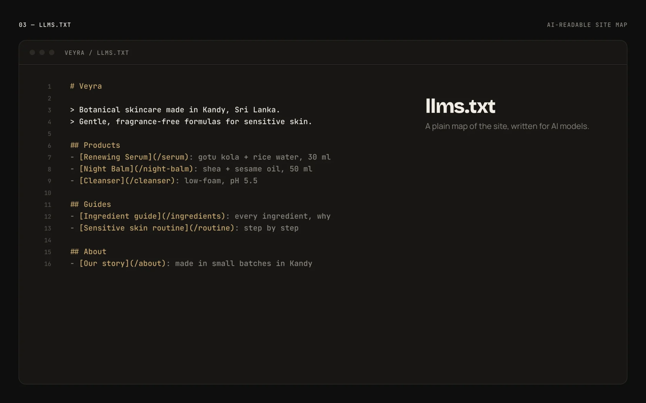 Veyra Generative Engine Optimisation — llms.txt site map for AI models