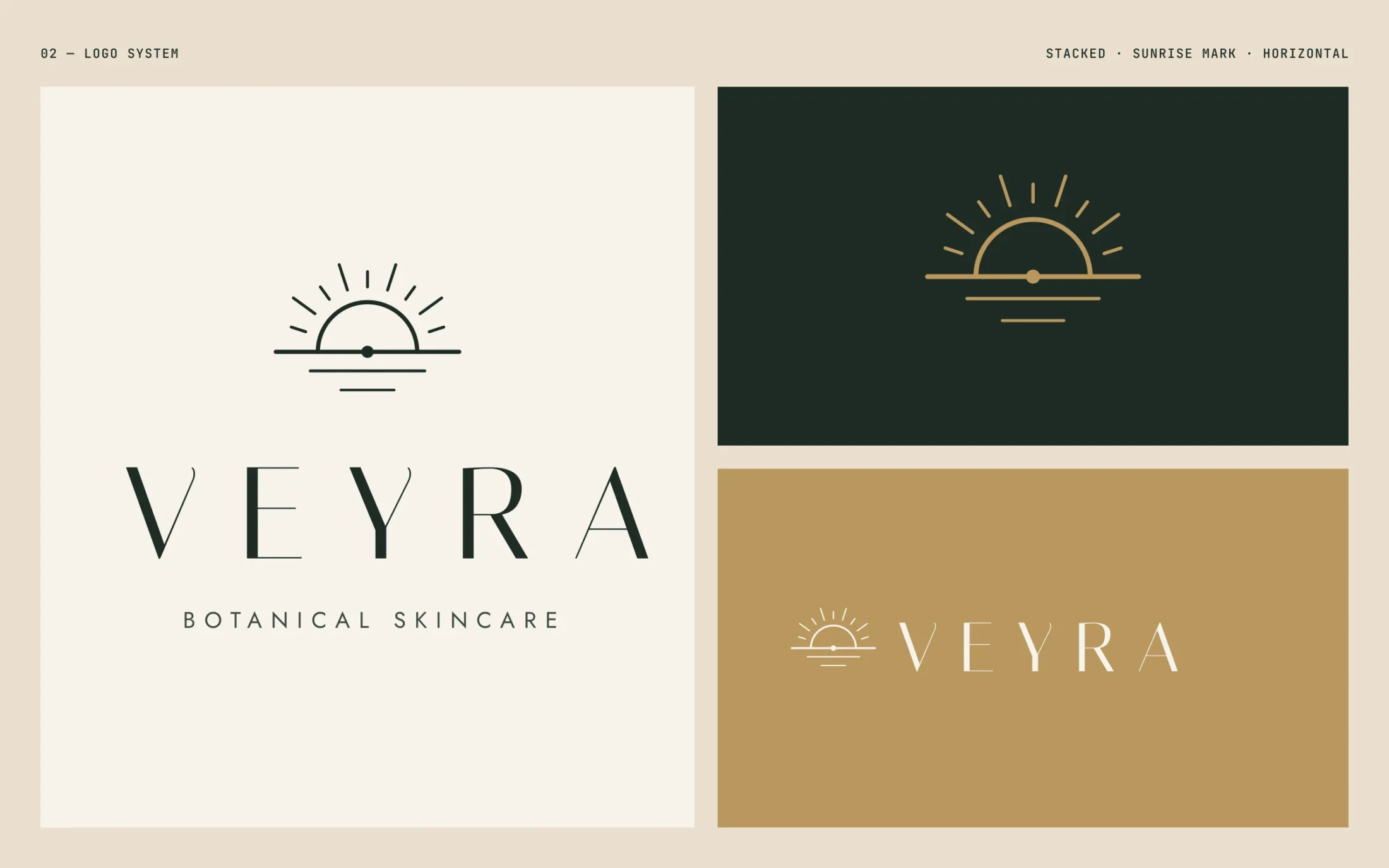 Veyra — Logo system — stacked lockup, sunrise mark and horizontal lockup